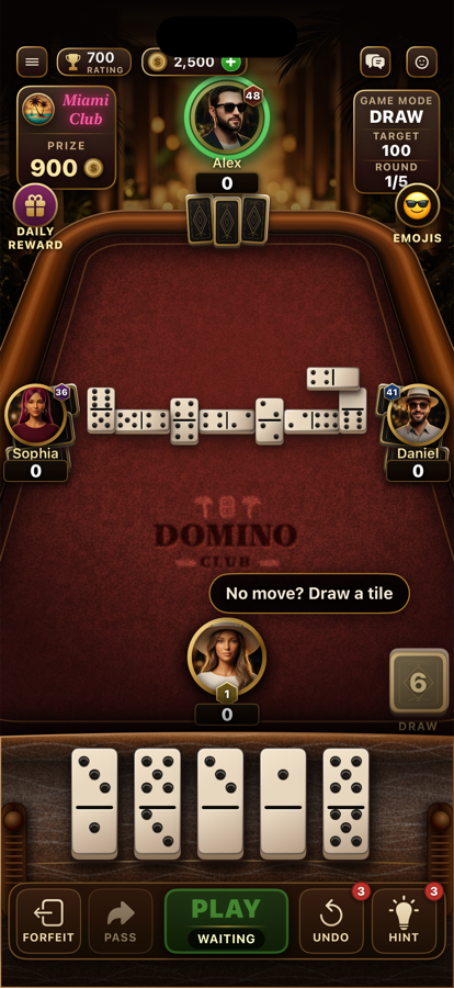A Domino Club match in progress, showing the chain of tiles on a green felt table with four seated players.