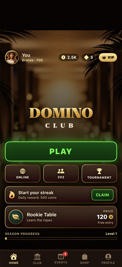 The Domino Club home screen showing the player profile, coin balance and the daily streak reward.